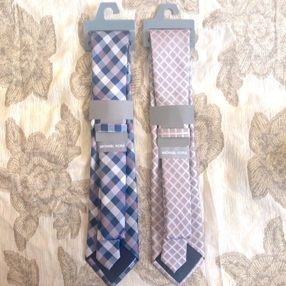 Brand New Michael Kors Set of 2 Ties Checkered Plaid Satin Sheen Business Office